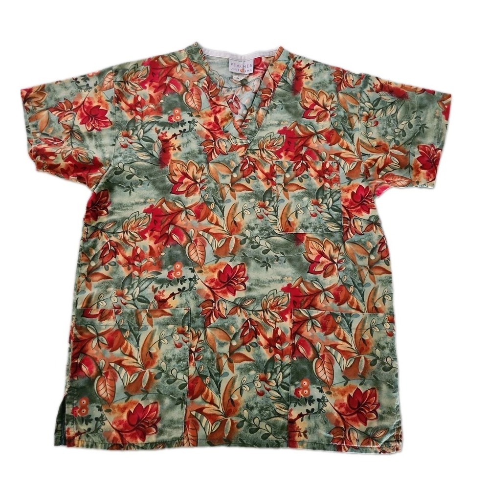 Autumn / Fall Leaves 100% Cotton Scrub Top 3-pocket V-neck Green Orange SMALL
